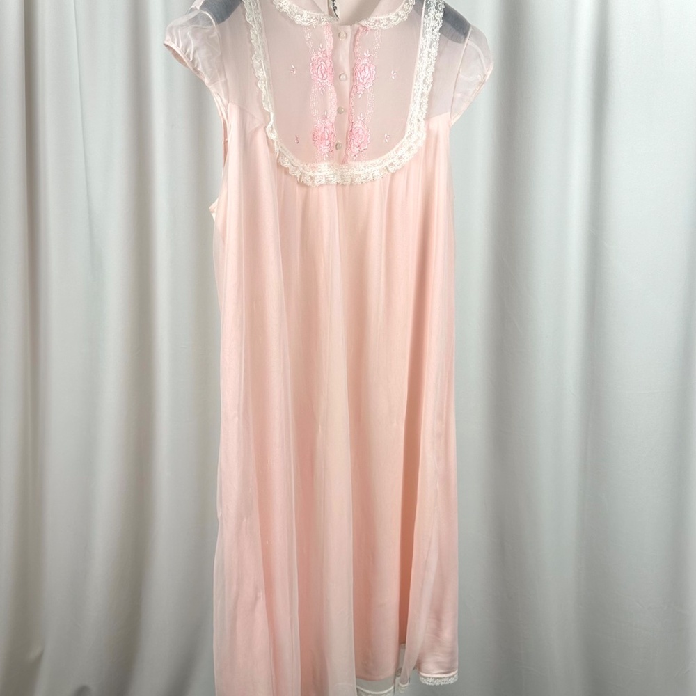 Vintage 60s Pink Sheer Nightgown | Belinda Lace Nylon Slip S/M - Picture 6 of 13